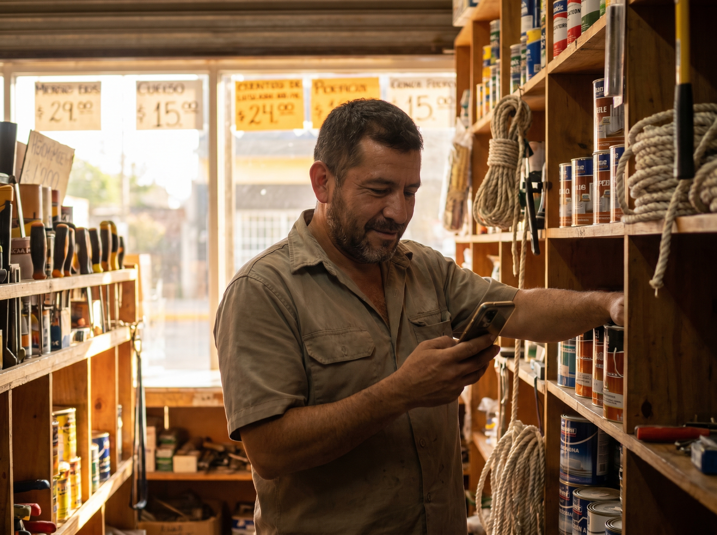 Dueño de una ferretería revisa una compra desde su celular entre los estantes de su tienda.