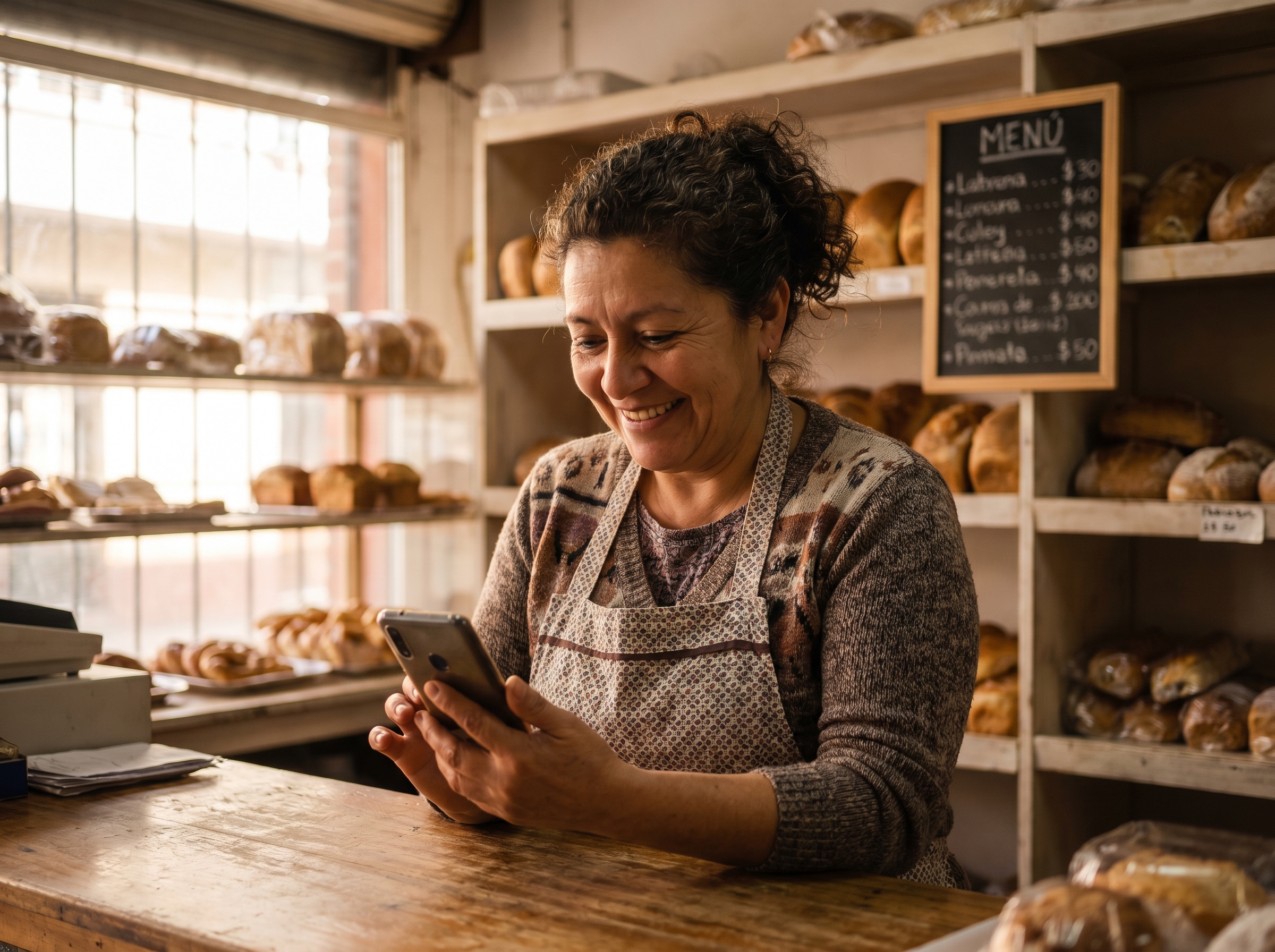 Dueña de una panadería revisa y aprueba una compra desde su celular en el mostrador de su negocio.