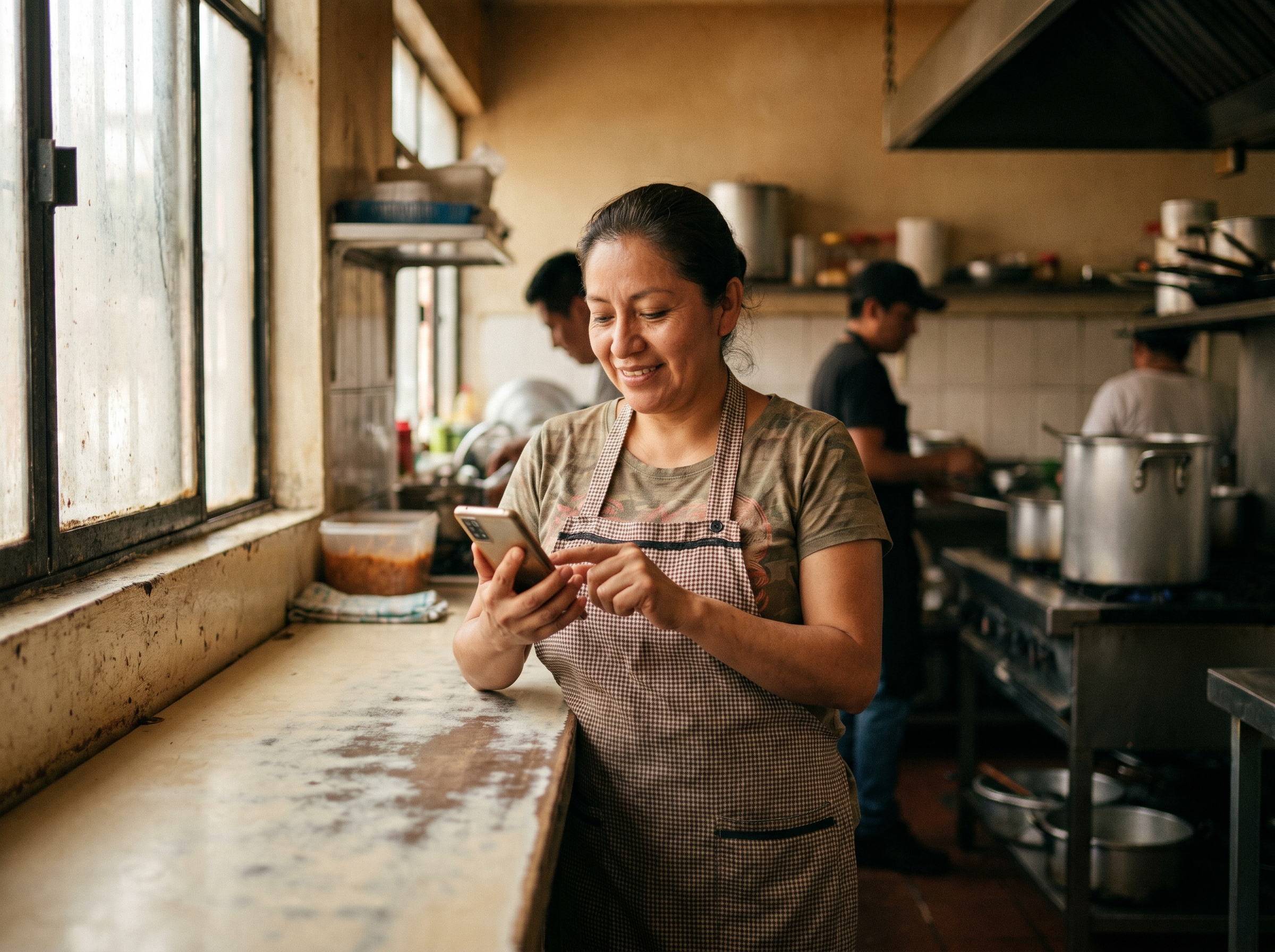 Dueña de un restaurante aprueba una compra desde su celular en la cocina, sin parar la operación.